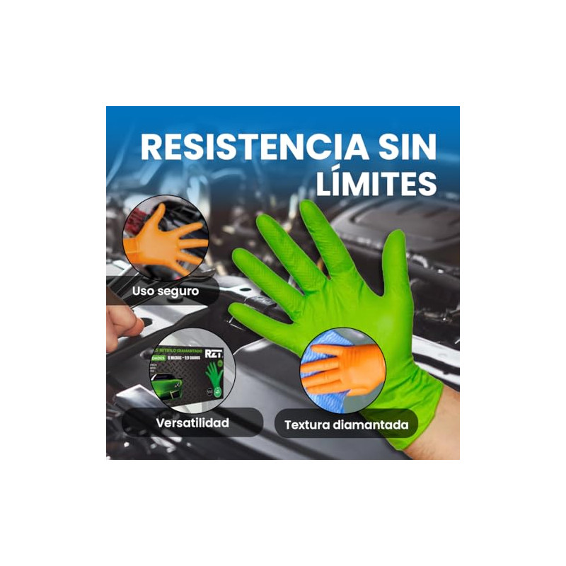 RZ TOOLS Guantes De Nitrilo Desechables Verdes De 100 Uds Guantes De Nitrilo Extra Gruesos Con Textura Diamante | Guantes Para T