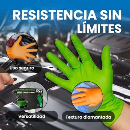 RZ TOOLS Guantes De Nitrilo Desechables Verdes De 100 Uds Guantes De Nitrilo Extra Gruesos Con Textura Diamante | Guantes Para T