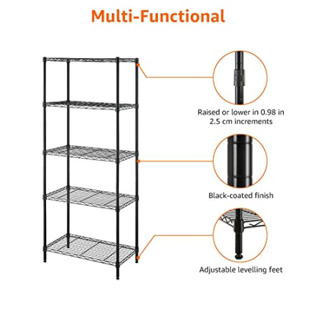 Amazon Basics Unidad de almacenamiento estrecha de 5 baldas con estantes ajustables en altura y patas niveladoras, sin ruedas, N
