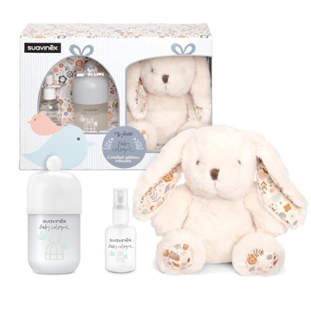 Suavinex, Regalo Baby Cologne 100 ml + Formato Viaje 50 ml + Peluche para Bebé - Colonia Baja en Alcohol para Niños, No Mancha