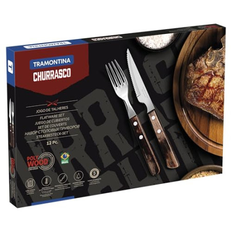 TRAMONTINA - Juego de Cubiertos Churrasco, para Carne, en Acero Inoxidable y Mangos de Madera Polywood en Color Castaño, Utensi