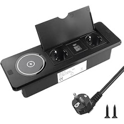 2 Tomas Presa da Tavolo con Caricatore Wireless Multipresa Incasso con 2 USB y 1 USB-C Superficie di Ricarica Qi Coperchio a Rib