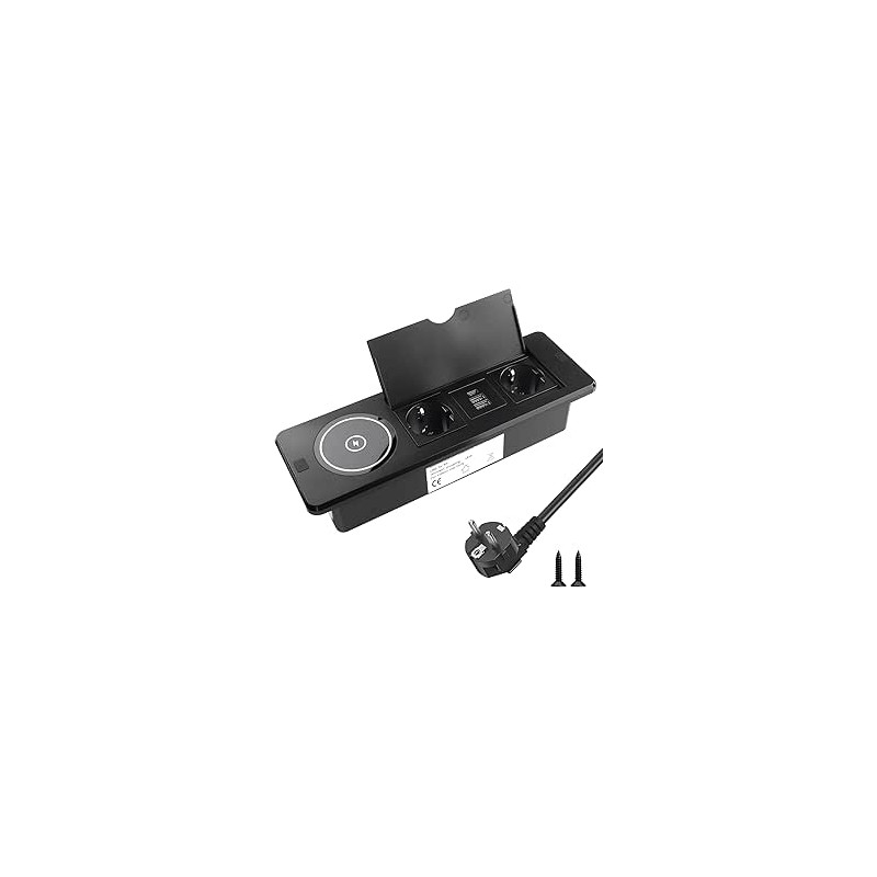 2 Tomas Presa da Tavolo con Caricatore Wireless Multipresa Incasso con 2 USB y 1 USB-C Superficie di Ricarica Qi Coperchio a Rib