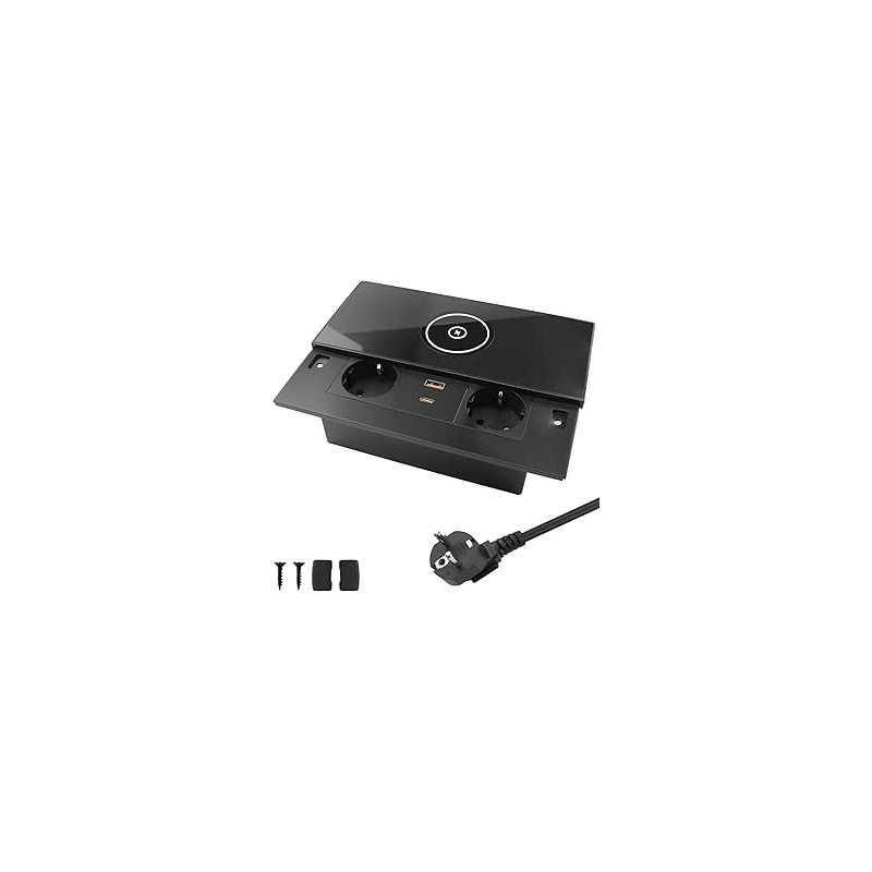 Enchufe Empotrable con Cargador Inalámbrico Carga Rápida Toma de Mesa Deslizante de Acero Inoxidable 2 Tomas Schuko USB-A USB-