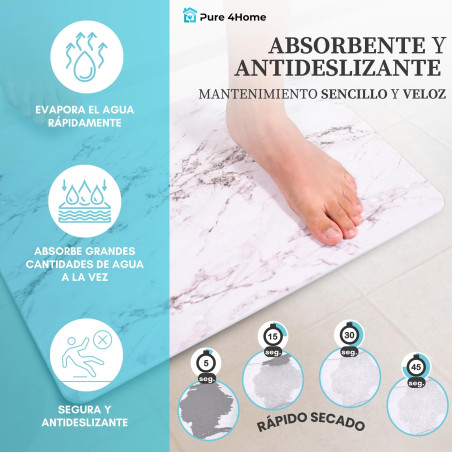 Pure 4Home Alfombra Diatomita Baño 60x40 – Secado Rápido, Antideslizante y Antibacteriana – Alfombrilla Piedra Diatomita S