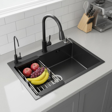 Fregadero de cocina Gris oscuro, 304 de acero inoxidable, 80 x 50 cm, para empotrar con grifo, dispensador de jabón, grifo de a