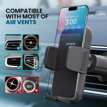 PORTENTUM Soporte Movil Coche | Clip de Gancho de Grado Militar | Suporte Telemovel Carro para Aire Ventilación Sujeta Móvil A